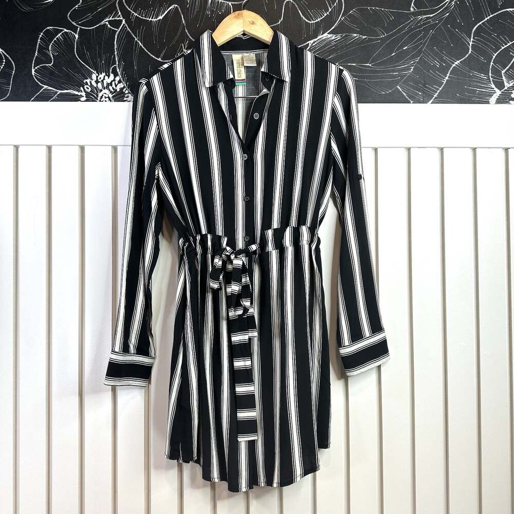 Mimi Chica Striped Tie Front Midi Dress Medium Black White Boho Career Casual